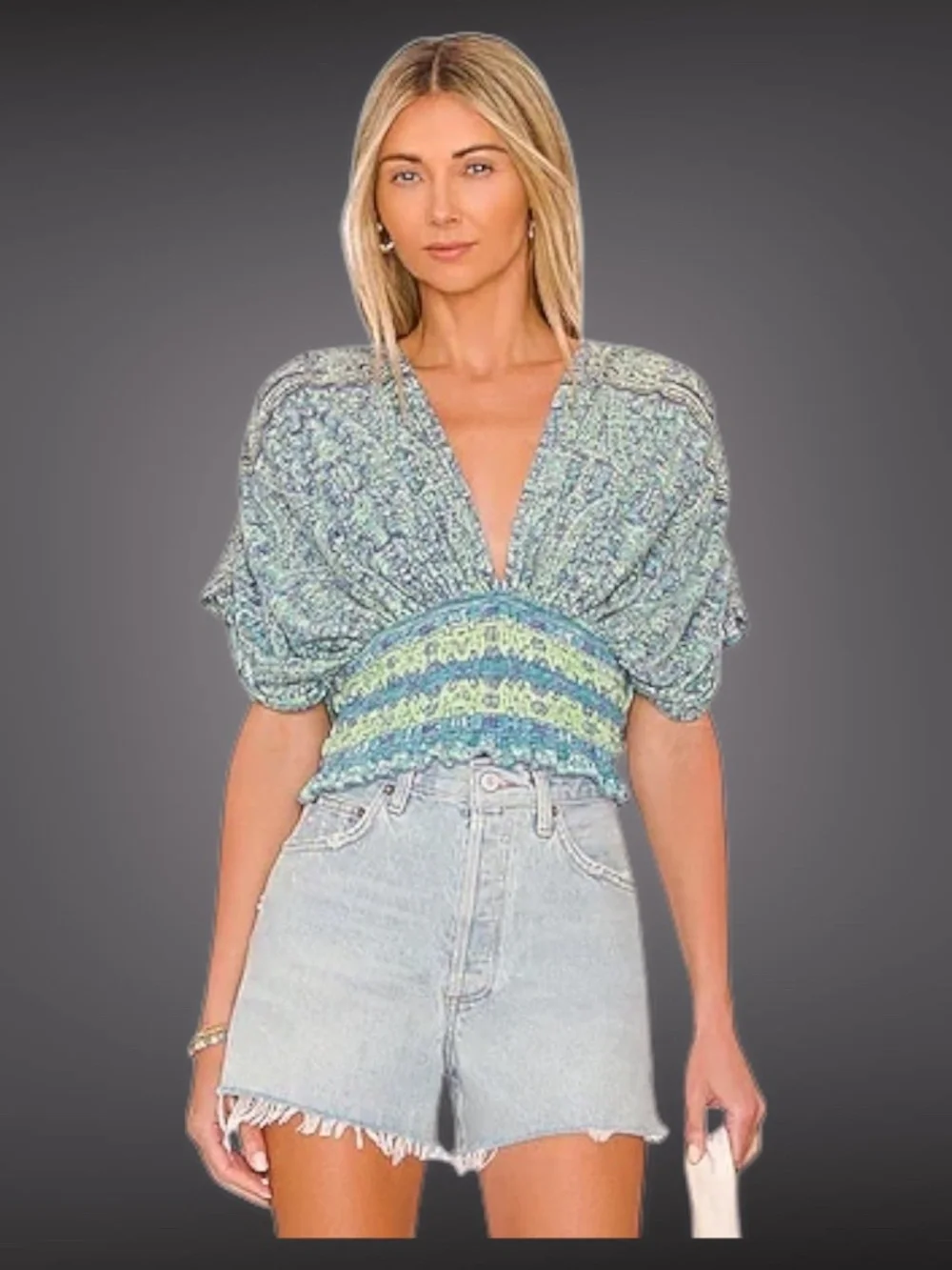 FREE PEOPLE Next Vacation M Top Deep V-Neck Wide Smocked Waist Pretty Blues NWT
